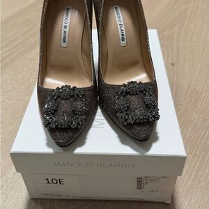 Manolo Blahnik Bronze Metallic Crystal-Embellished Pointed Pumps